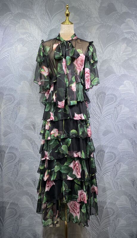 Fengpingying Export Women's Clothing 2025 New Summer Bow Tie Printed Multi-Layered Long Dress Ready for Sale