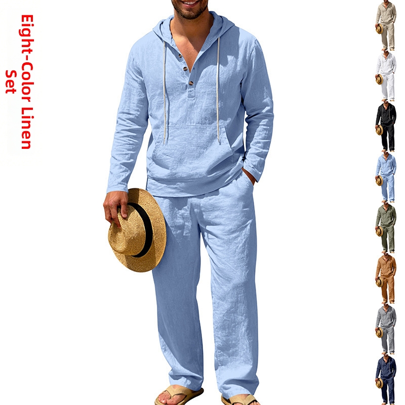 Herren-Leinenanzug, lässig, einfarbig, ganzjährig, hawaiianischer Stil, Henry-Stil, Kapuze, langärmelig, amerikanischer Stil_voghion.com