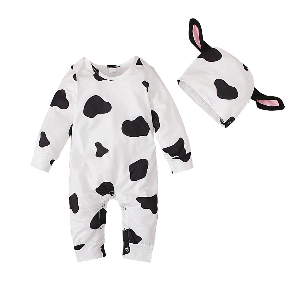 Mono largo infantil de verano con estampado de vaca y gorro de vaca, estilo europeo americano, para niñas de 0 a 3 años._voghion.com