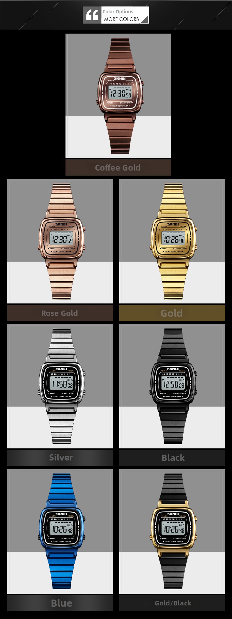 Orologio digitale donna impermeabile oro piccolo quadrante quadrato_voghion.com
