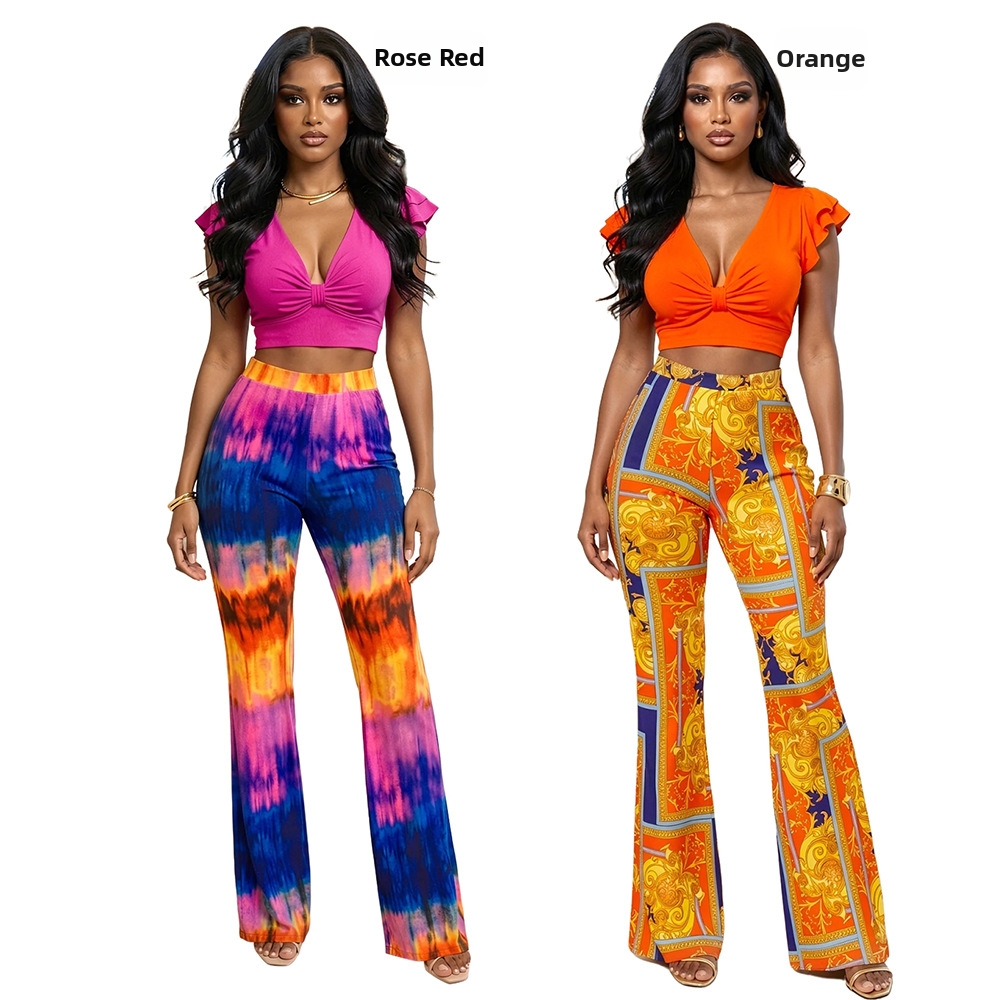 Women's Clothing High Waisted Solid Color Fashion Women's Two Piece Set Paired With Printed Pants Top For Formal & Casual For Women_ecoleips.com