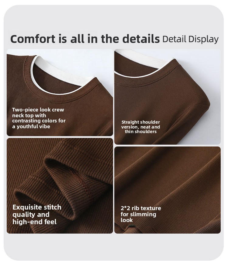 Round Neck Fake Two-piece Front Shoulder Long-sleeved T-shirt Women's Clothing Waist And Thin Inside 7A Bacteriostatic Cloud Casual Base_ecoleips.com