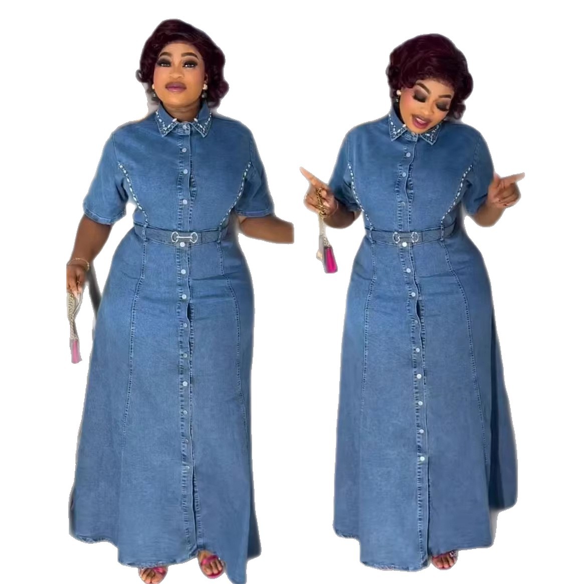 Rhinstone Foil Collar Short Sleeve Denim Dress For Women Tie Waist Long Shirt Dress New Arrival_ecoleips.com