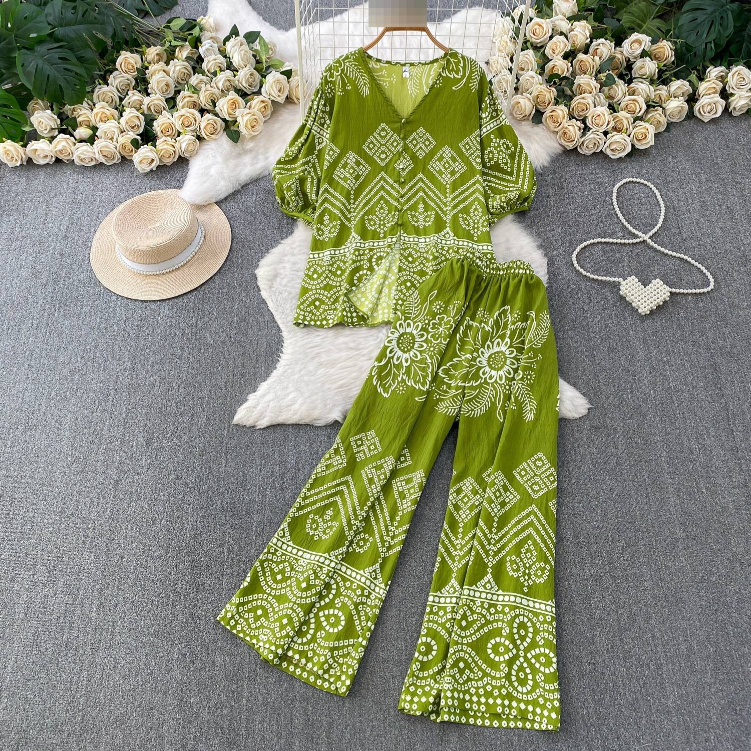 Women's French Style Commuter Cardigan V Neck Puff Sleeve Geometric Print Two Piece Set Casual Loose Fit Slimming Wide Leg Pants_ecoleips.com