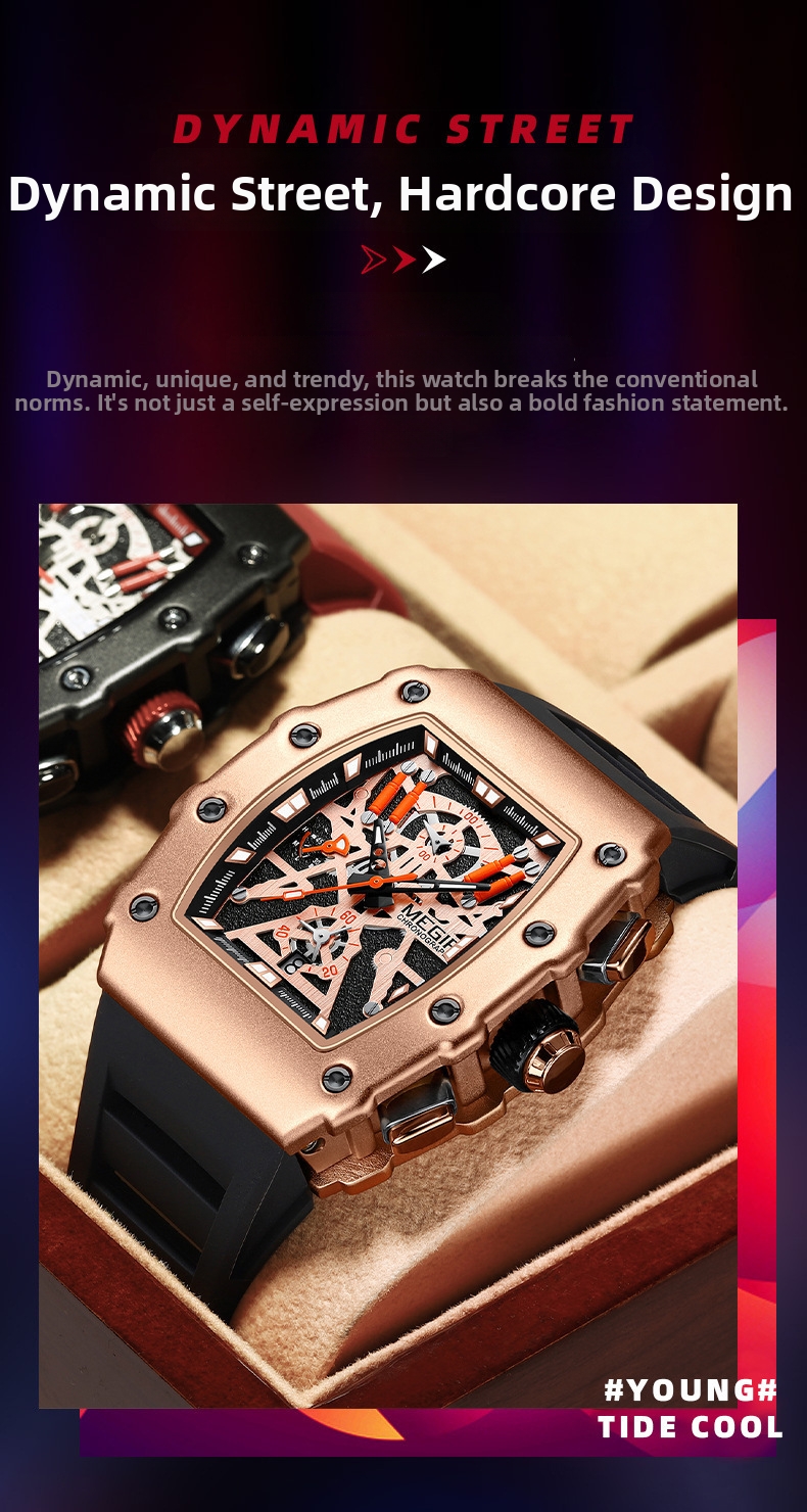 Men's Quartz Watch Square Silicone Strap Chronograph Luxury Style_voghion.com