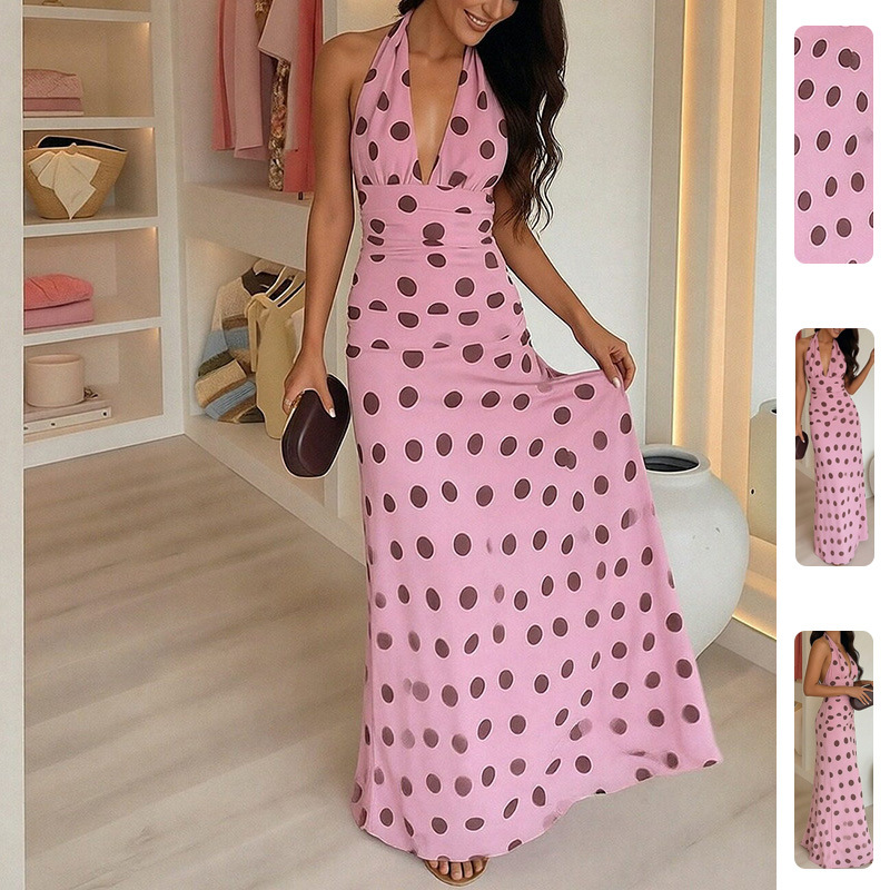 Elegant V-Neck Polka Dot Maxi Dress For Women - Flowy Summer Dress With High Waist & Adjustable Straps_ecoleips.com