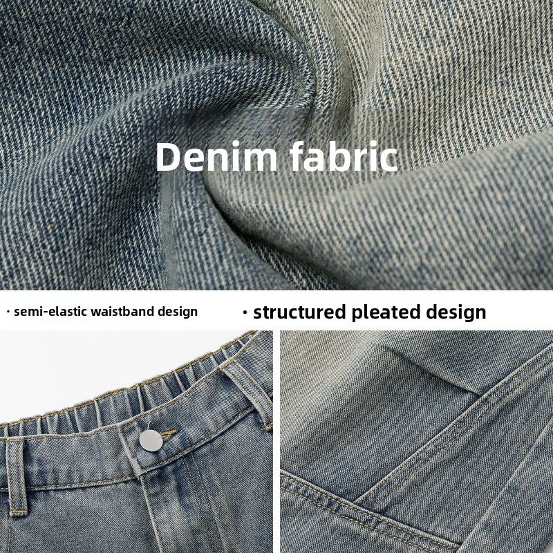 Herren Denim Shorts Locker Retro Gewaschene Pleated Five-point_voghion.com