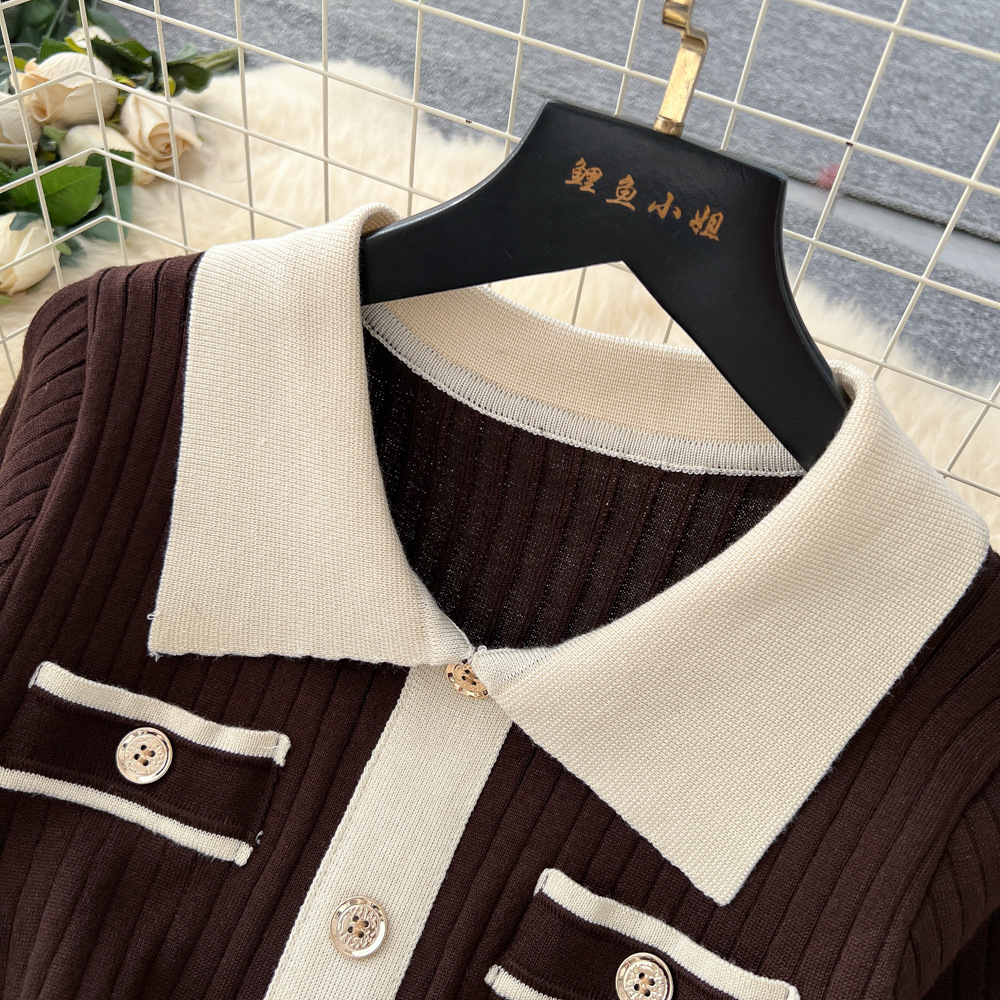 Retro Chic Fashion Polo Collar Dress For Women Short Sleeved Knitted With Metal Buckle Fitted Waist Long Skirt_ecoleips.com