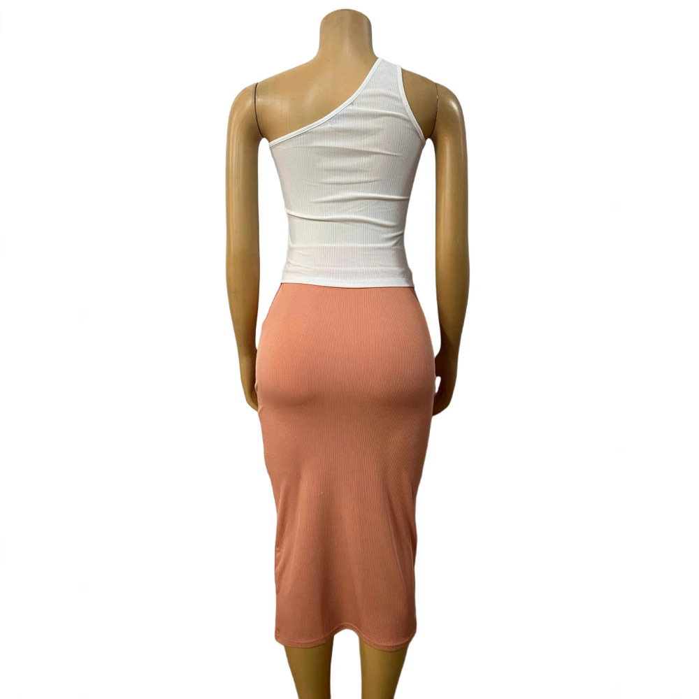 Women's Sexy Irregular Top And Mid Length Skirt Suit Style Oblique Collar Hollow Low Cut Hip Wrapped_ecoleips.com