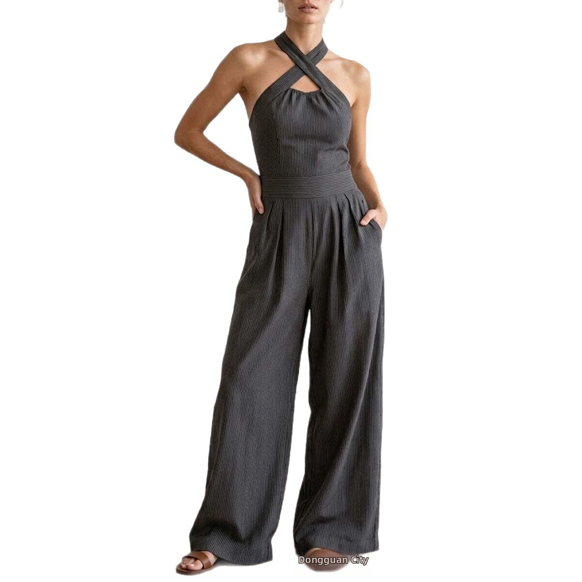 Women's Clothing Elegant Off-Shoulder Sleeveless Crossover Halter Jumpsuit Solid Color Woven Striped Waist Cinching Wide Leg Pants For Women Summer_ecoleips.com