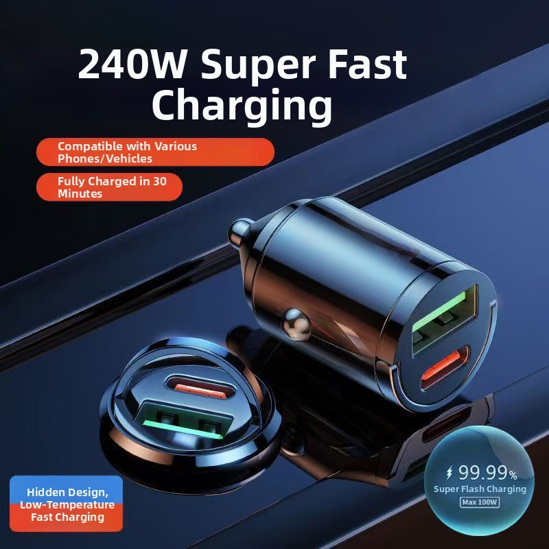 Super Fast Charging Car Charger Invisible Mini Cigarette Lighter Adapter Plug 1 To 2 PD Charging Car Accessory_voghion.com