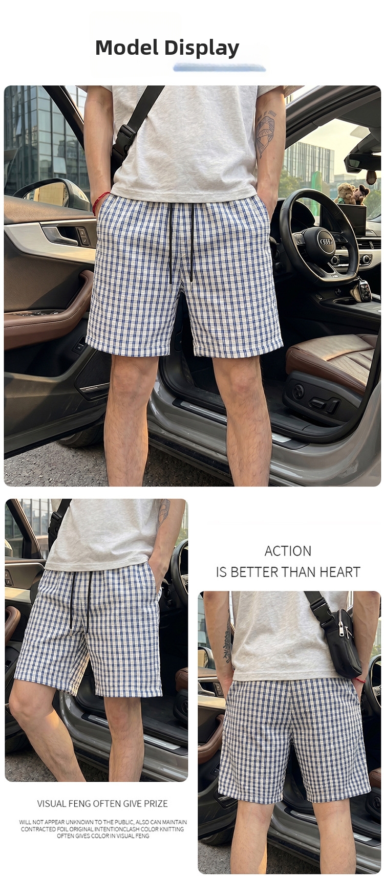 Men's Blue Plaid Straight Leg Shorts Trendy Versatile Summer Thin Striped Casual Sports Bottoms_viptrois.com