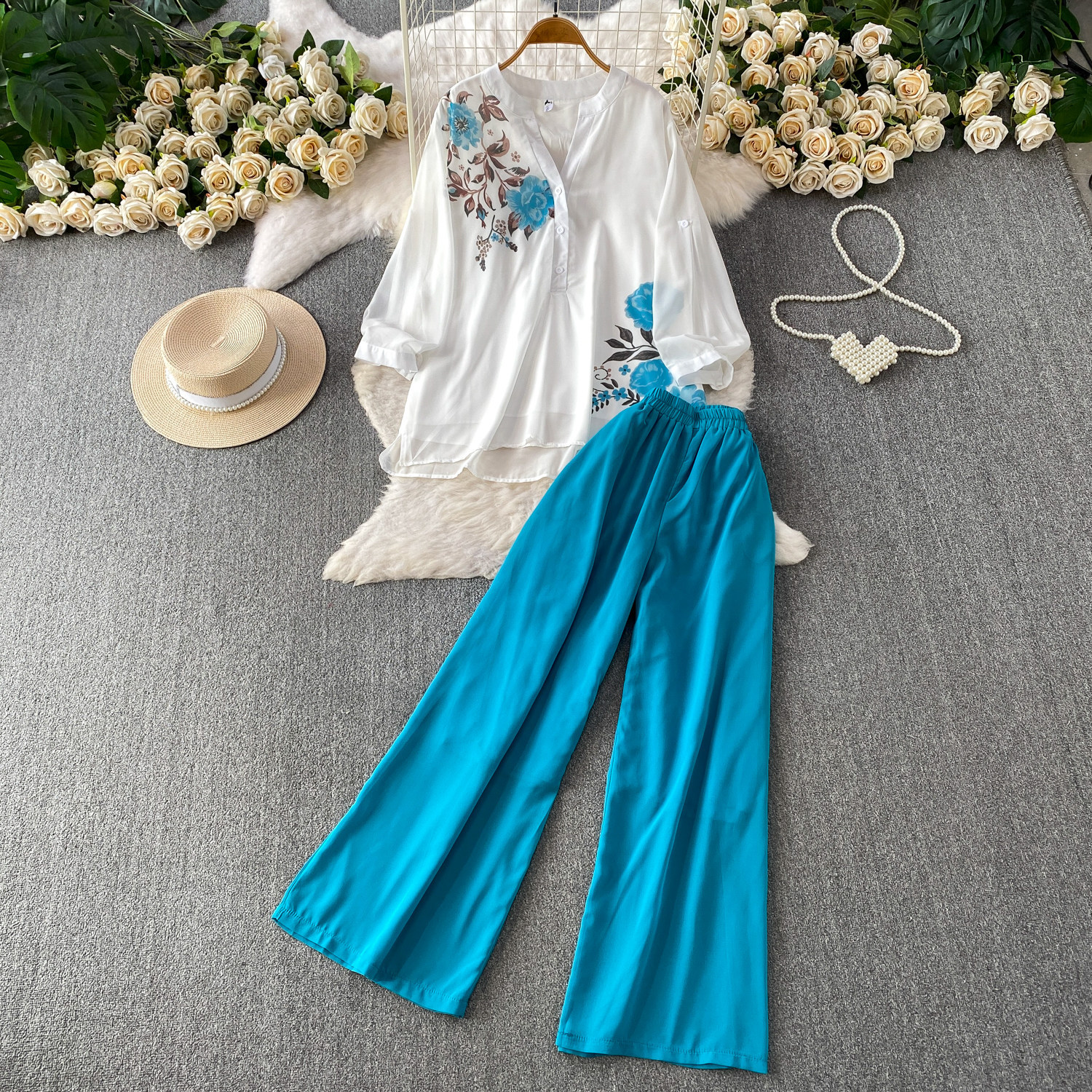 Women's French Style Printed Shirt V Neck Single Breasted Loose Chiffon Top Breathable Casual Two Piece Set_ecoleips.com