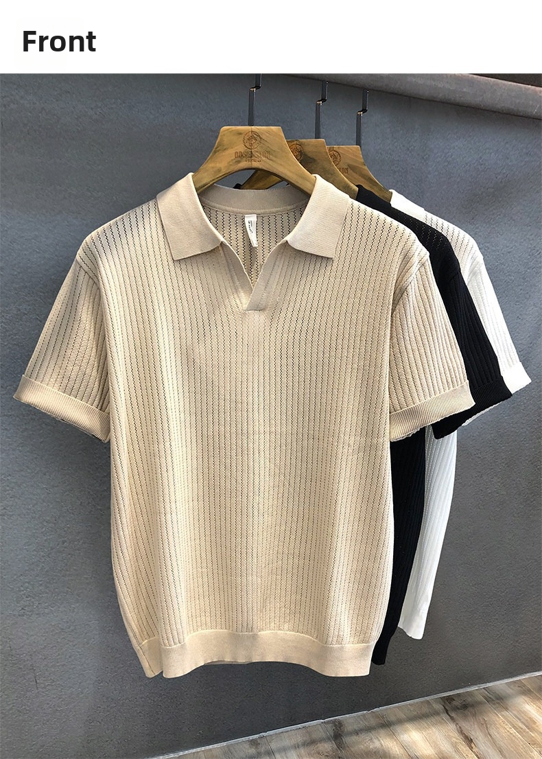 Herren Polo Shirt Elfenbeinweiß Eisseide Strick Kurzarm_voghion.com