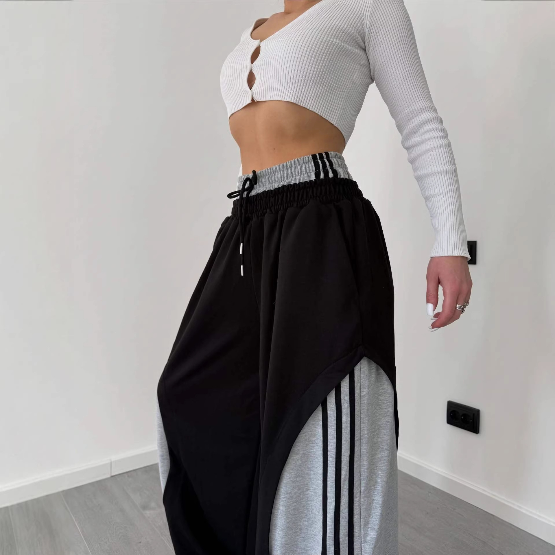 Retro-Jogginghose mit Streifenmuster – Hip-Hop-Hose mit doppeltem Bund und weitem Bein für Damen und Herren (Oversized Streetwear)_voghion.com