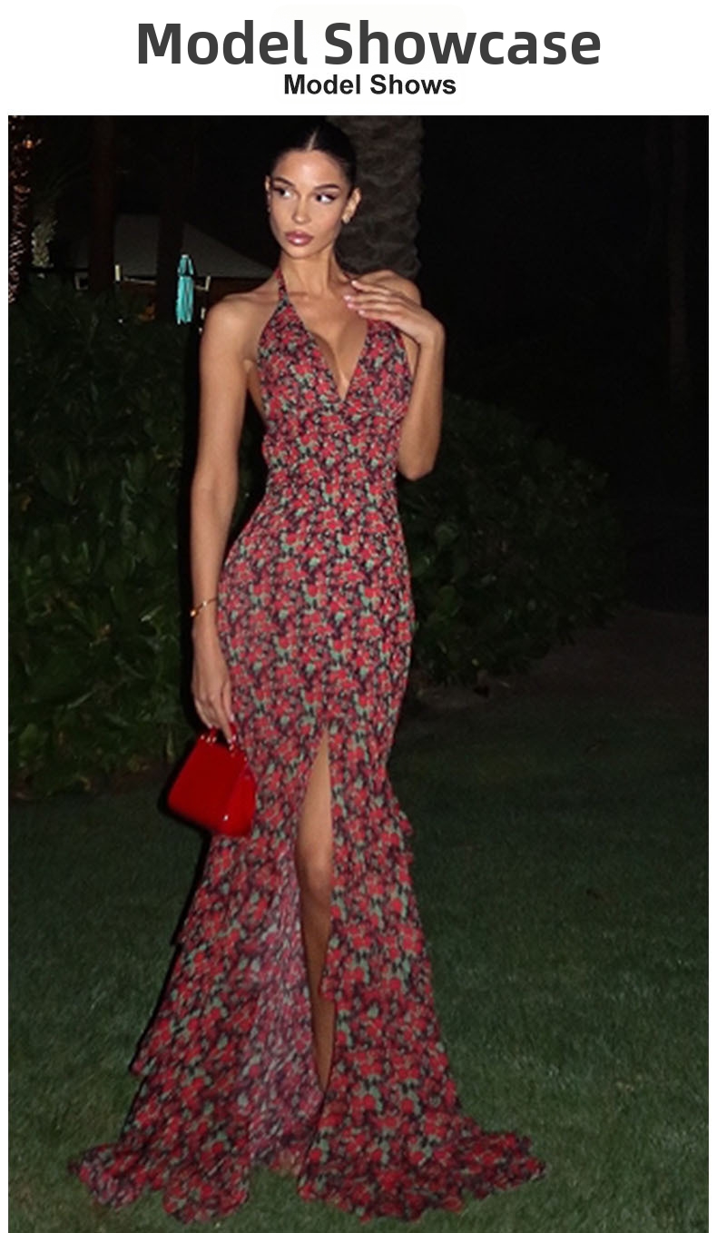 Summer Fashion Printed Dress Backless Multi Layered Hem V Neck Elegant Classy Women's Straps Export Style_ecoleips.com