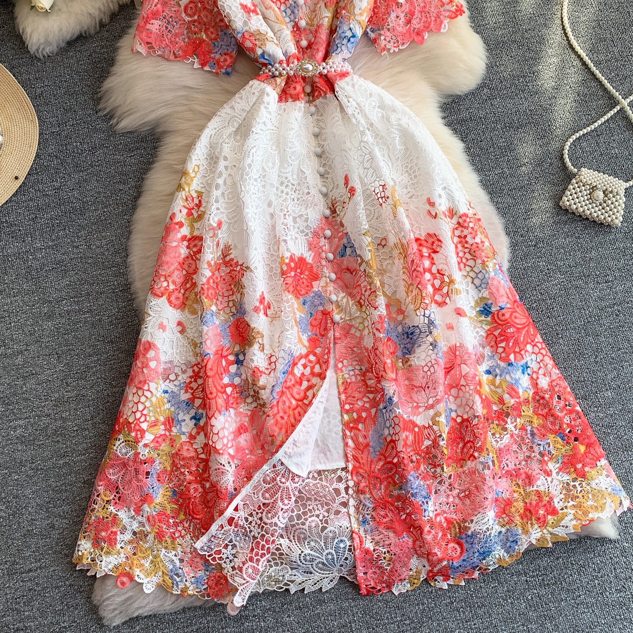 Women's Clothing French Retro Romantic Lace Print Dress Stand Collar High Waist Elegant Slit Long Skirt Casual Summer Fashion_ecoleips.com