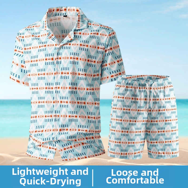 Zweiteiliges Herren-Freizeithemd und Shorts mit 3D-Druck, sommerlich, kurzärmelig, vielseitig_voghion.com