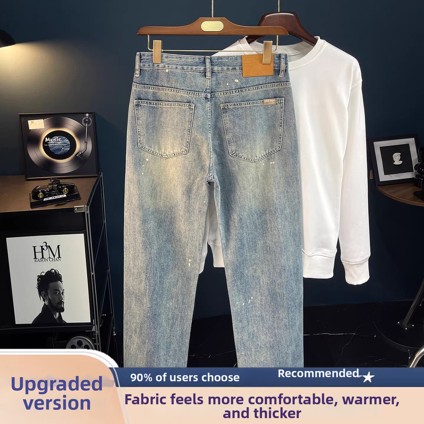 Jeans da uomo retrò americani con schizzi di vernice, foderati in pile, caldi, gamba dritta, casual, lavati, alla moda, primavera-autunno._voghion.com