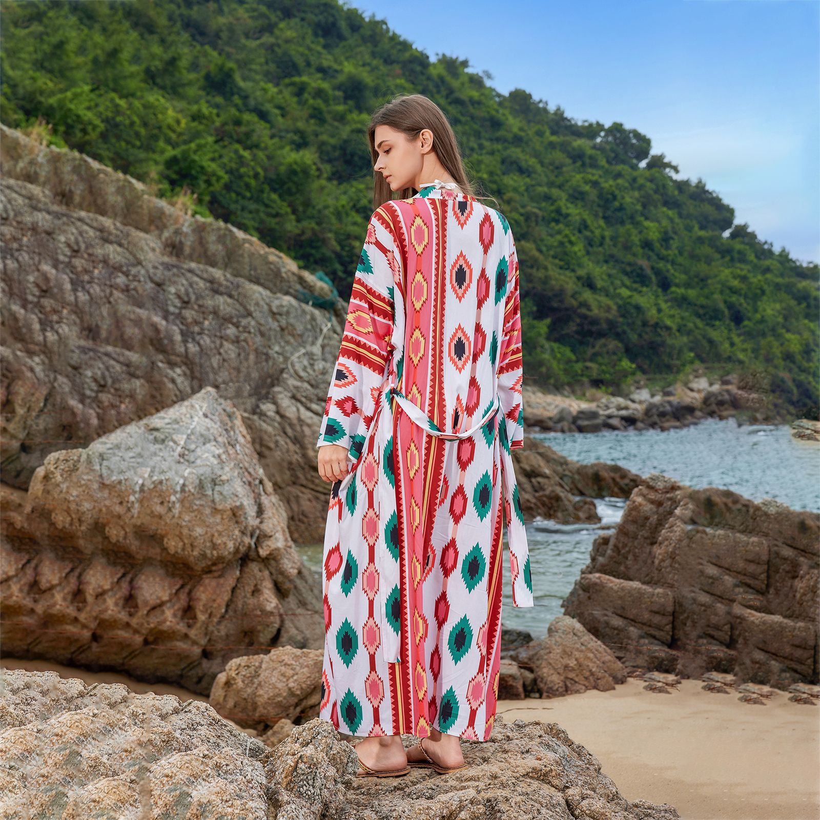 Tropical Beach Cover-Up – Flowy Resort Dress With Bikini Wrap, Sun Protection Swimwear Sheer Mesh Long Sleeve (One Size, Red/Green)_ecoleips.com