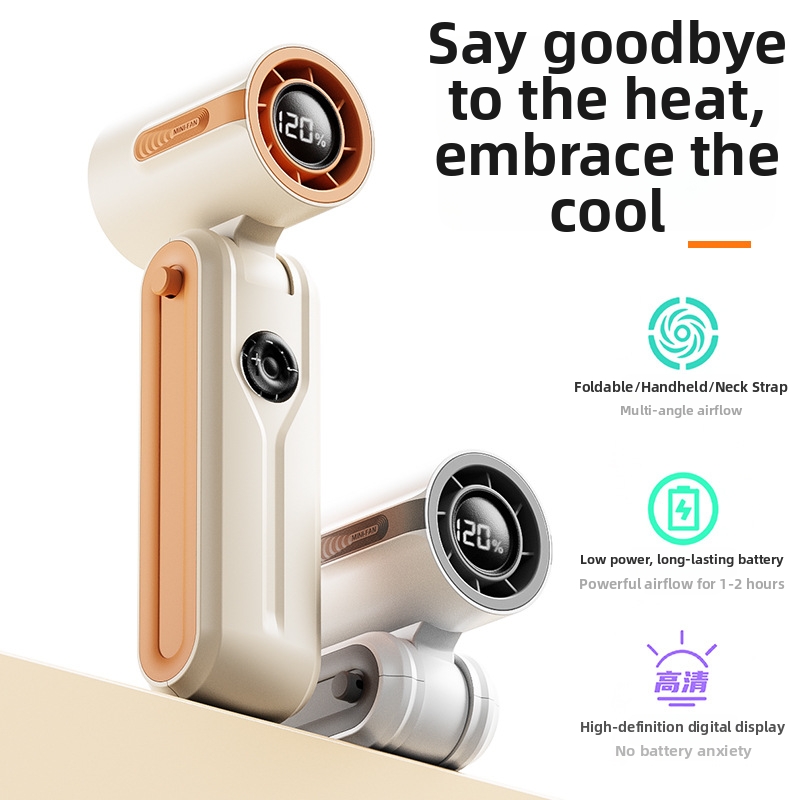 High Speed Mini Handheld Fan With Neckband USB Rechargeable Digital Display For Outdoor Travel Portable Folding Fan_voghion.com