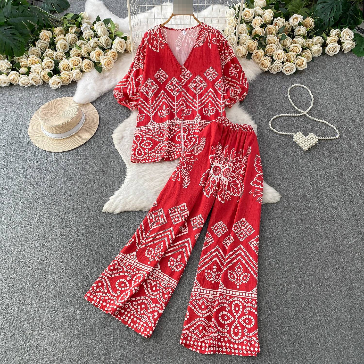 Women's French Style Commuter Cardigan V Neck Puff Sleeve Geometric Print Two Piece Set Casual Loose Fit Slimming Wide Leg Pants_ecoleips.com