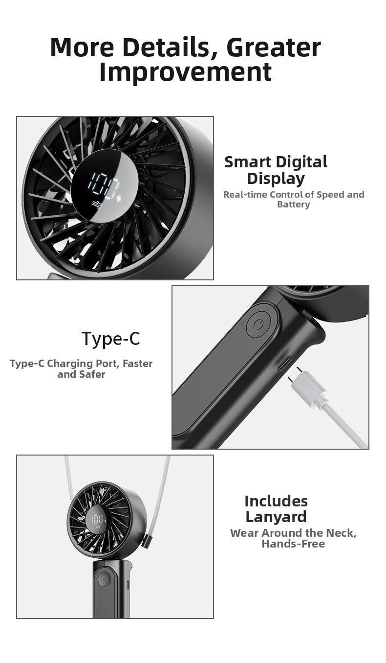 Portable Handheld Fan With Usb Digital Display And Foldable Neck_voghion.com
