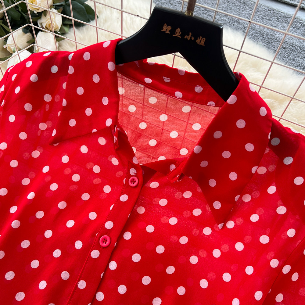 Women's French Style High Waist Polka Dot Two Piece Set Red Slimming Elegant Workwear for Spring And Autumn_ecoleips.com