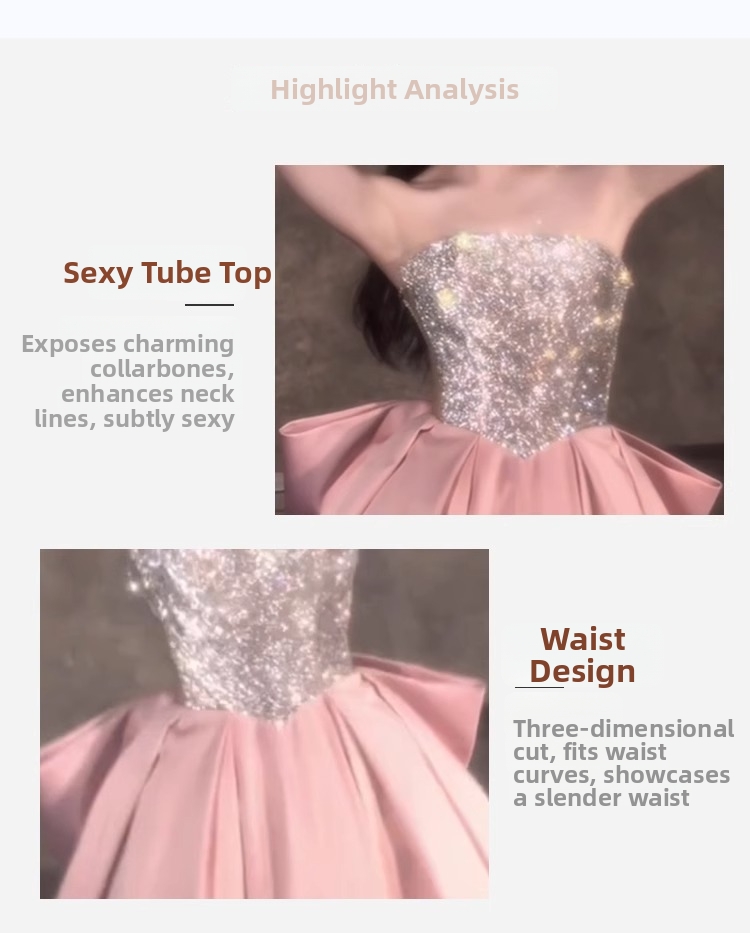 Pink Glitter Strapless Evening Dress New Style Princess Ball Gown For Student Vocal Music Exam Fairy Tale Banquet Wear_ecoleips.com