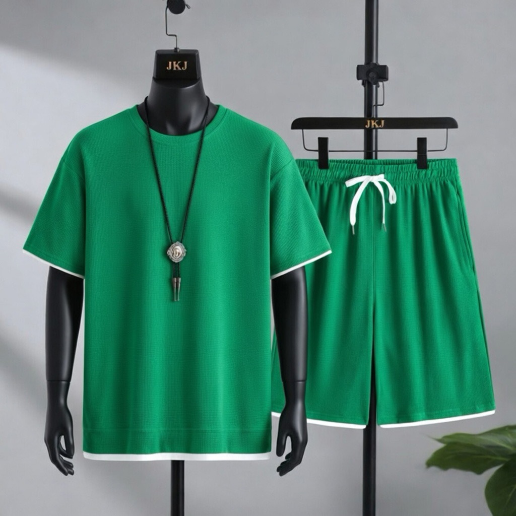 Ensemble t-shirt à manilles courtes et short homme en gaufrette_voghion.com