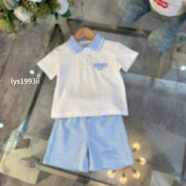 跨境T恤夏季童装polo衫五分裤流行新款百搭慵懒校服潮流上衣套装