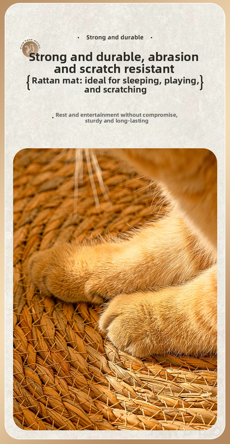 Woven Rattan Cat Bed With Cushion, Washable Scratching Mat_voghion.com