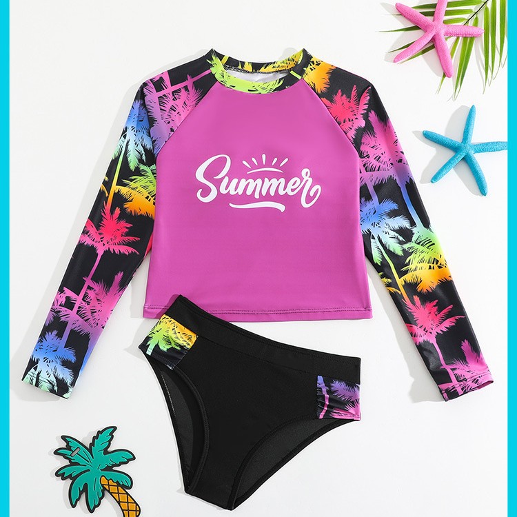 Girls' Two-Piece Swimsuit Set | Long Sleeve Rash Guard & Bottoms | UPF 50+ Sun Protection For Swimming Pool & Beach_voghion.com
