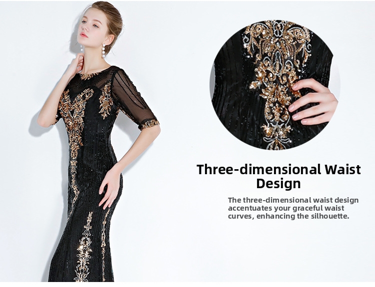 Black Mermaid Evening Gown Elegant Long Banquet Dress for Women Dignified Sophisticated Suitable for Presenters Performances_ecoleips.com