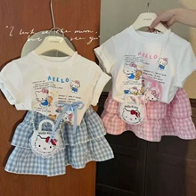 女童套装夏装2025夏季新款短袖洋气女童两件套可爱卡通格子短裙
