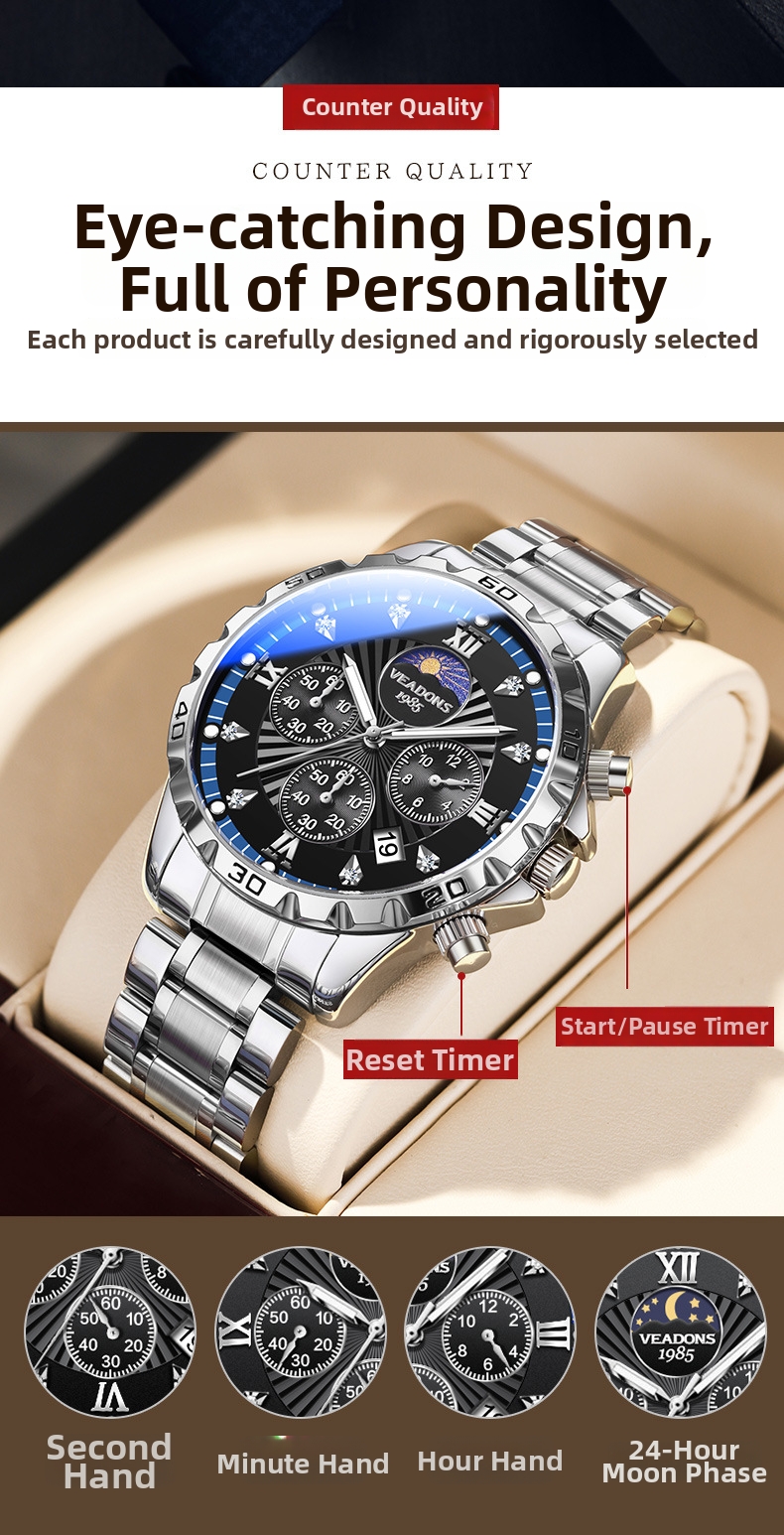 Herren Business Quarzuhr Mit Mondphase Und Chronograph_voghion.com