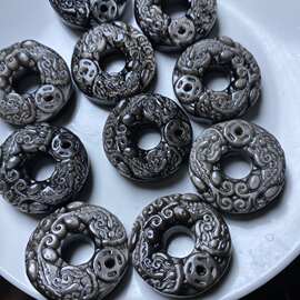 天然黑曜石银曜双貔貅咬钱币雕刻平安扣转运圈吊坠DIY配件 挂件