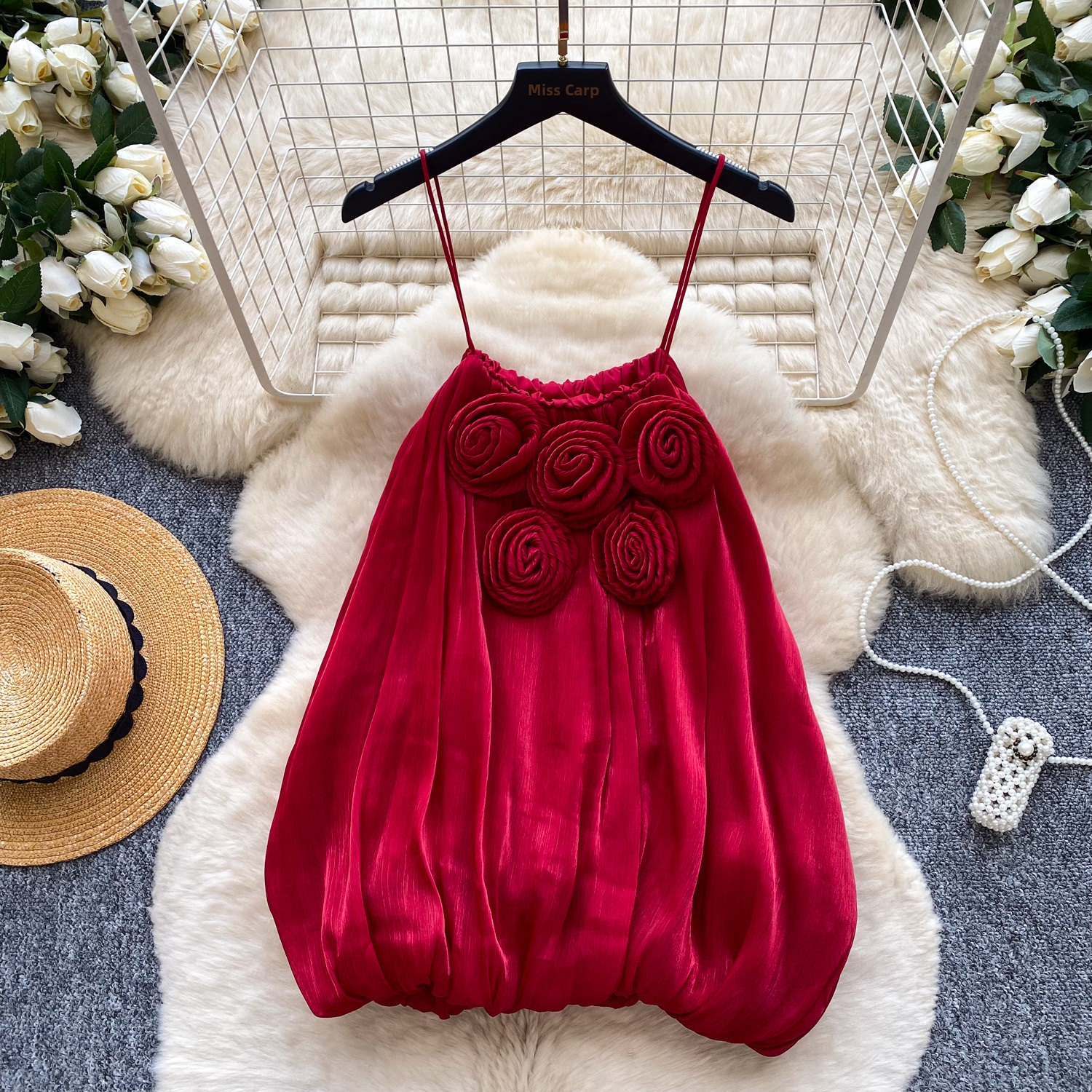 Débardeur bustier en satin à fleurs 3D style français, élégant débardeur sans bretelles pour les festivals et soirées d'été._voghion.com