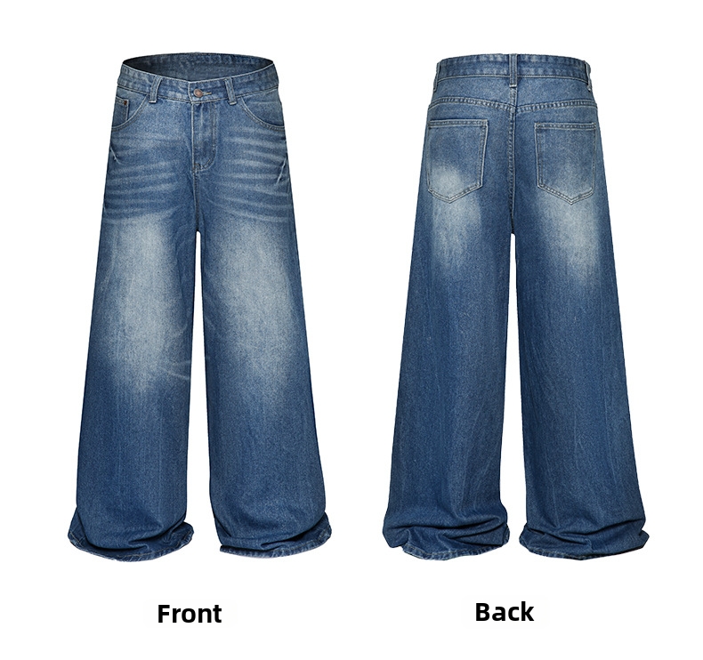 Vintage American Style Lightning Wash Denim Jeans For Men - Relaxed Straight Leg Wide Pants_mkmklike.com