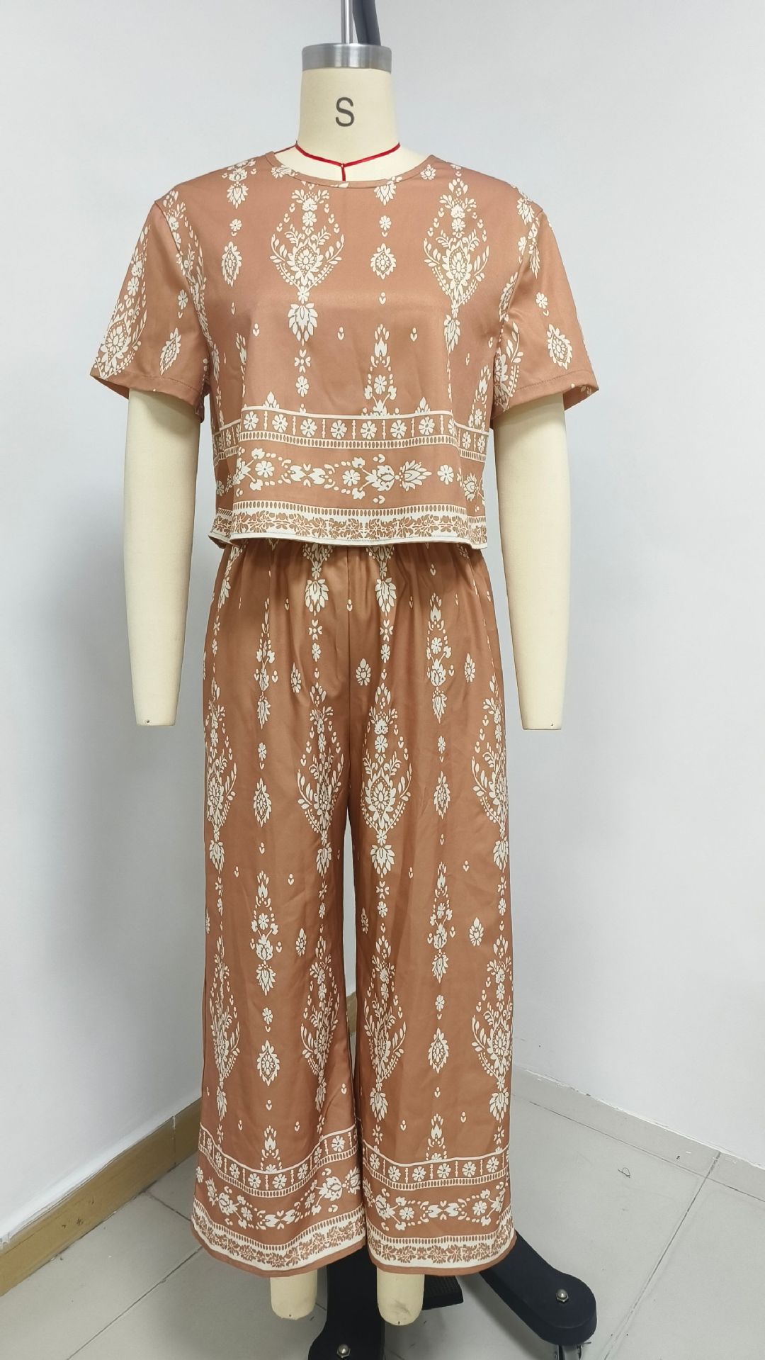 Damen Zweiteiler Set Mit Ethnischem Muster Kurzarm Elegant_voghion.com