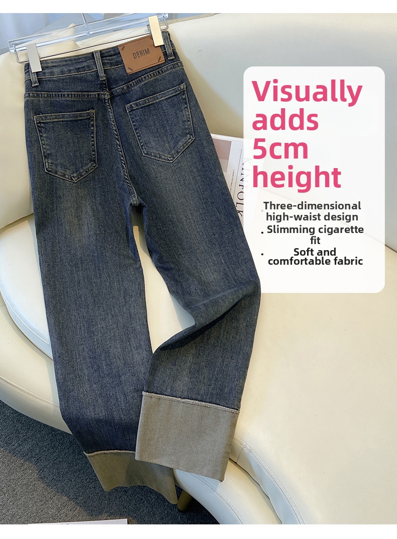 Women's Slim Fit Straight Leg Jeans Stretchy Cuffed Cropped Baguette Pants Spring Autumn Popular Style_mkmklike.com