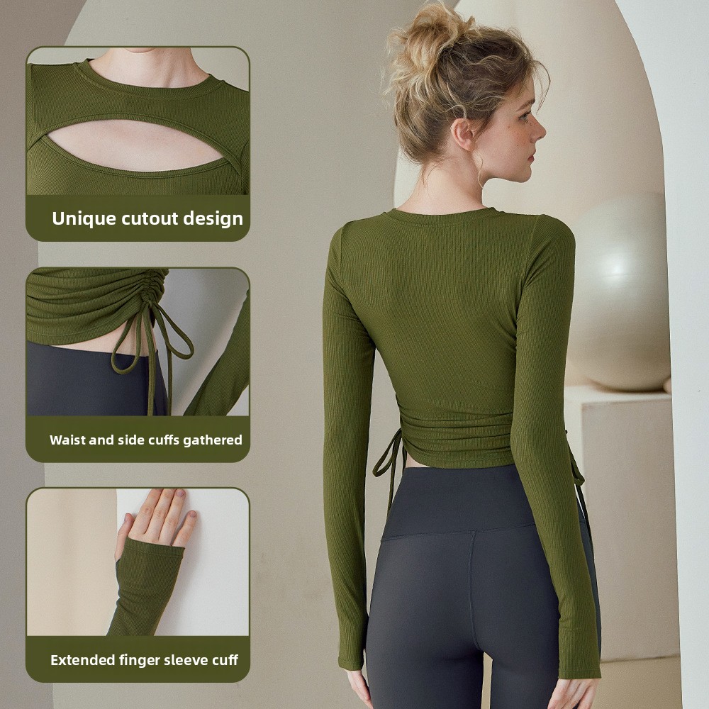 Yoga Clothes Women's 2026 Spring Cross-border New Knitted Bottoming Shirt Sports Outdoor Drawstring Long-sleeved Fitness Clothes Top_ecoleips.com