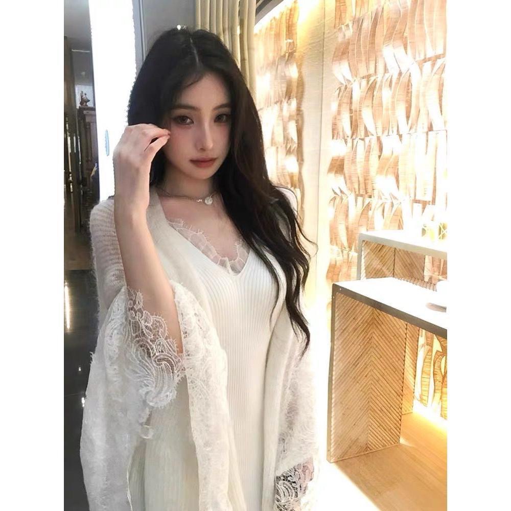 蕾丝拼接针织衫毛衣披肩开衫女秋季穿搭套装吊带连衣裙气质两件套