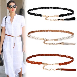 The first layer of cowhide woven thin belt women's decorative matching dress waist chain black fashion simple small belt