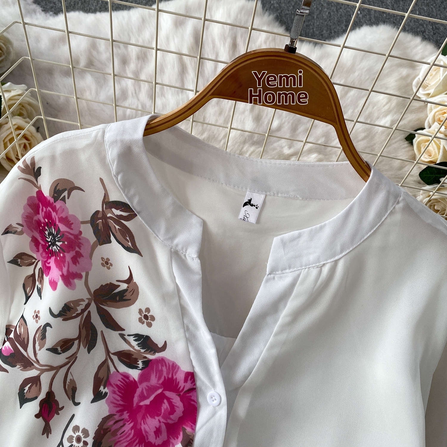 Women's French Style Printed Shirt V Neck Single Breasted Loose Chiffon Top Breathable Casual Two Piece Set_ecoleips.com