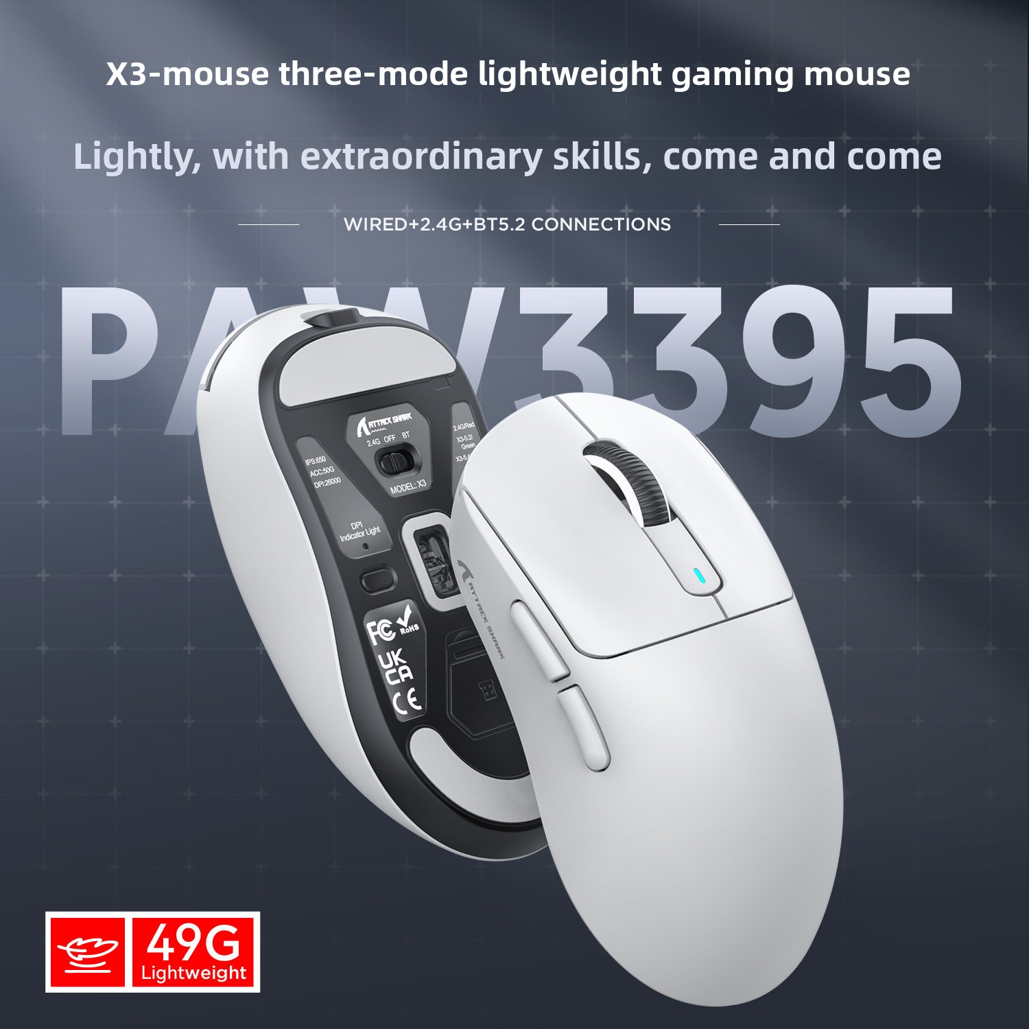 AttackShark X3 Mouse,Lightweight,PAW3395 Sensor,E-sports Game The Third Mock Examination Wireless Mouse,2.4G Wireless+Bluetooth 5.2+Type-C,26000DPI_voghion.com