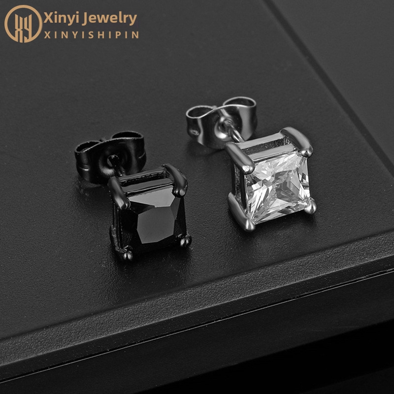 Black White Diamond Round Cut 316 Stainless Steel Zircon Stud Earrings Four Prong Plated Jewelry_voghion.com