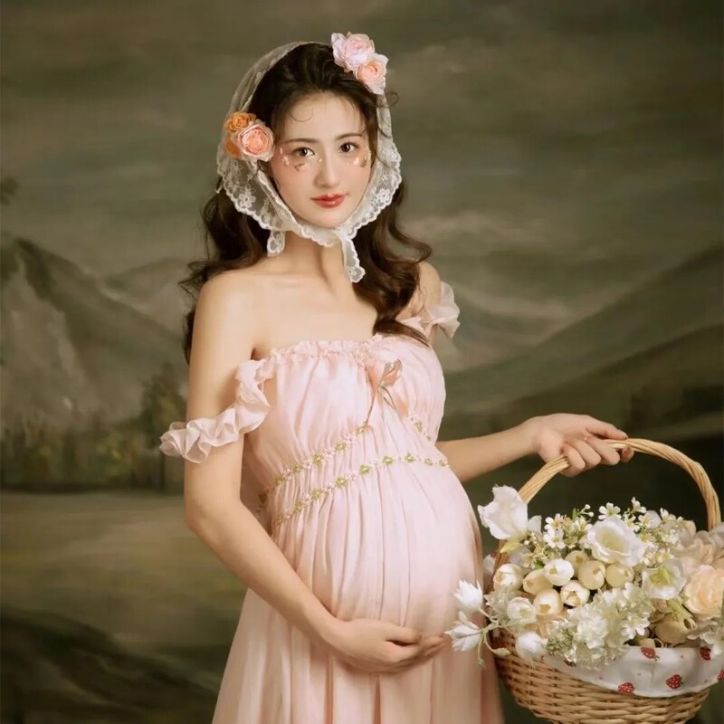 2025 Pregnant Women's Photo Clothing French Light Luxury Pink Backless Dress Photo Studio Big Belly Photo Clothes
