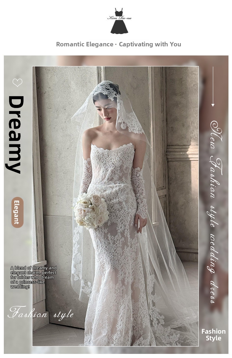 Mermaid Wedding Dress French Retro Lace Strapless Forest Style Small Train Travel Dress New Women's Clothing Party Wear_ecoleips.com