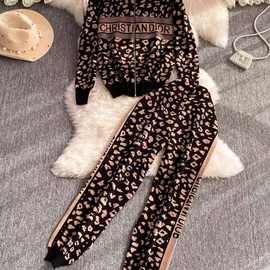 2024新款韩版宽松显瘦豹纹毛衣+时尚长裤运动服套装女秋冬两件套